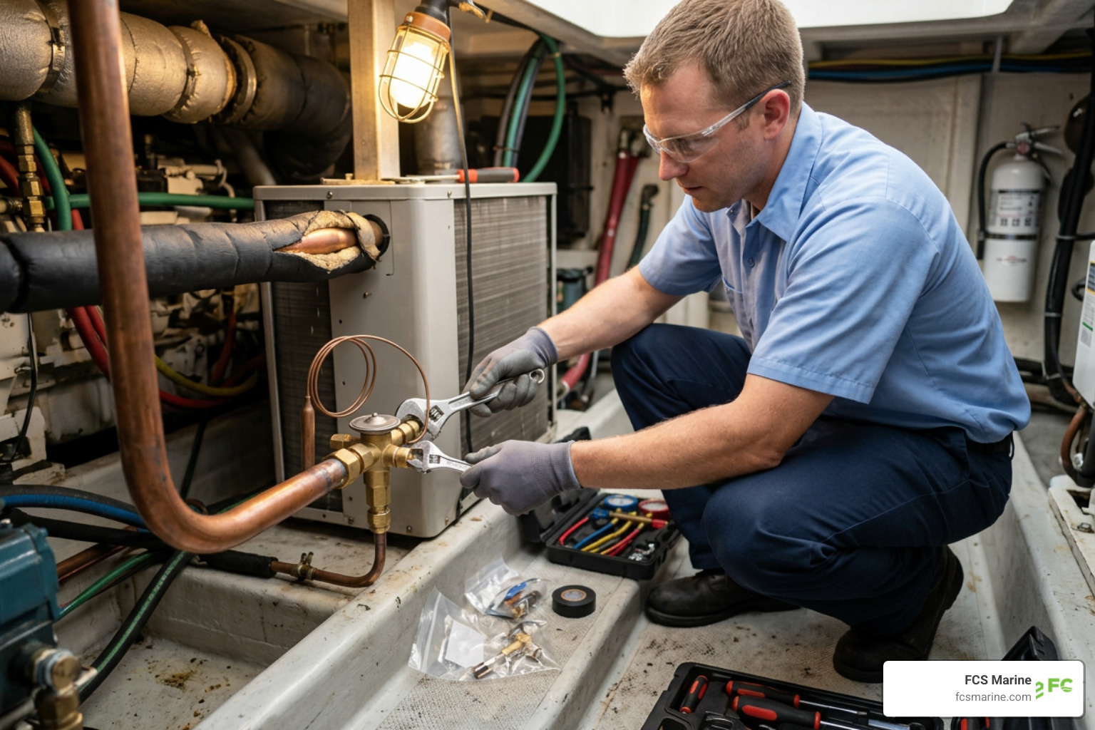 technician replacing a marine TXV valve on a boat