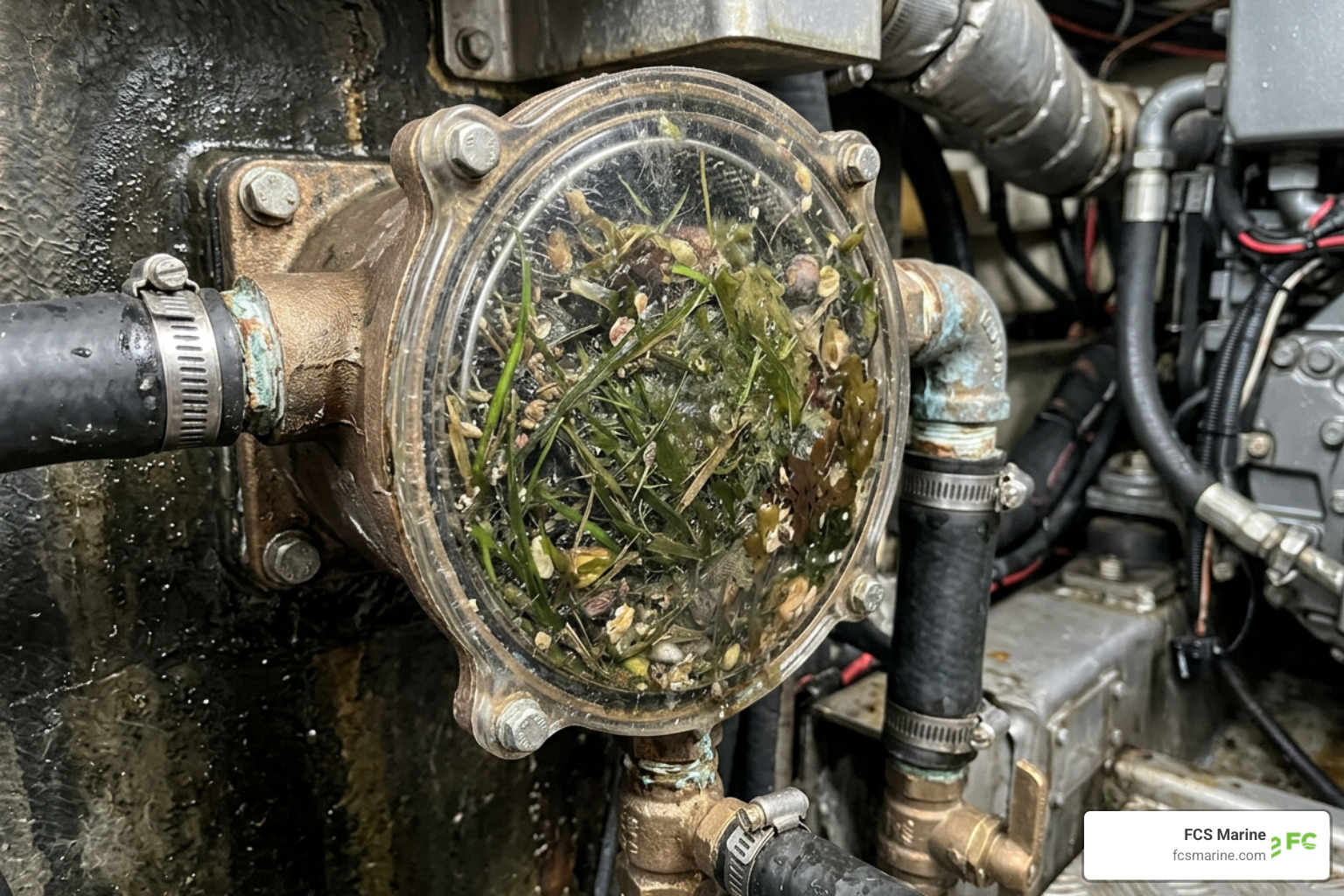 A clogged sea strainer packed with marine growth and grass A clogged sea strainer packed with marine growth and grass