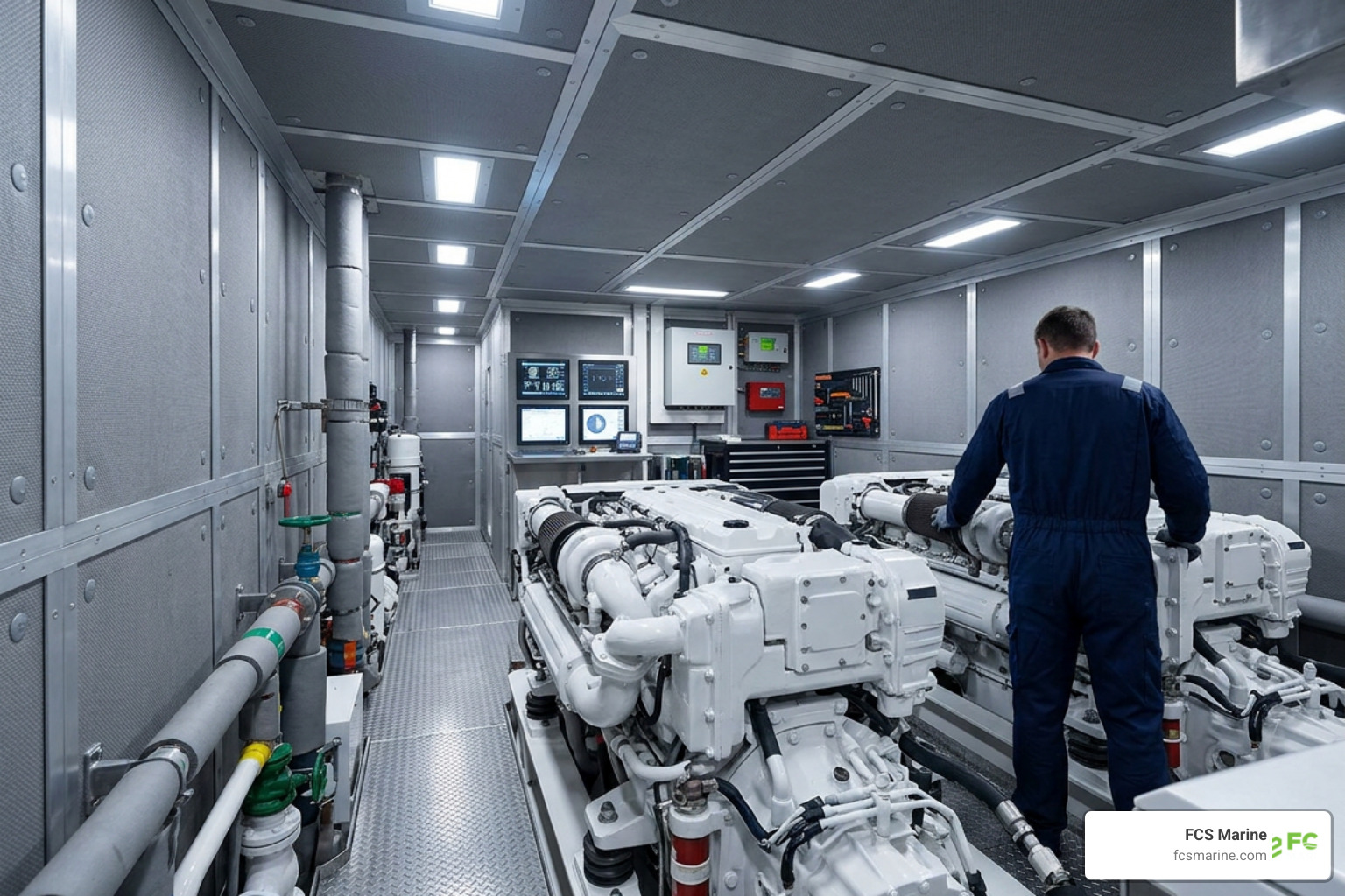 Engine room bulkheads lined with specialized marine acoustic and fire-resistant insulation