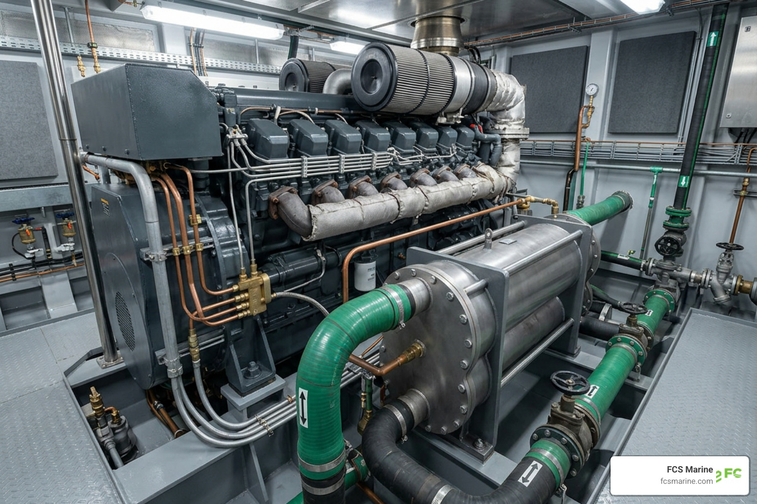A modern marine diesel engine showing the heat exchanger and raw water plumbing lines
