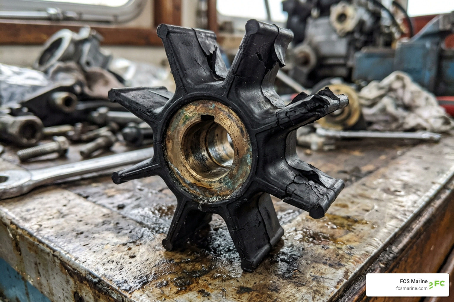 Close-up of a raw water pump impeller showing cracked and missing rubber blades