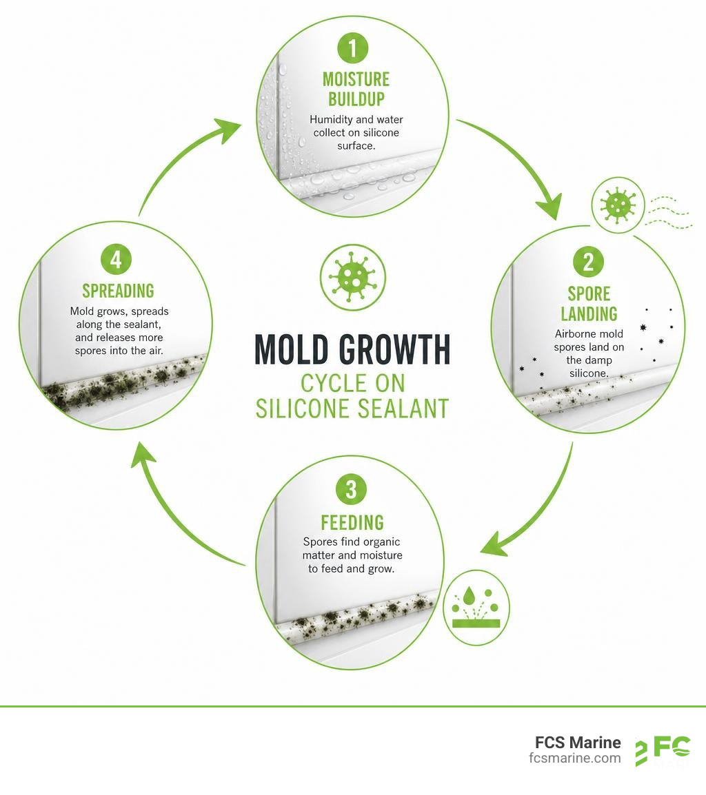 Mold growth cycle on silicone sealant infographic showing moisture buildup spore landing feeding and spreading stages Mold growth cycle on silicone sealant infographic showing moisture buildup spore landing feeding and spreading stages