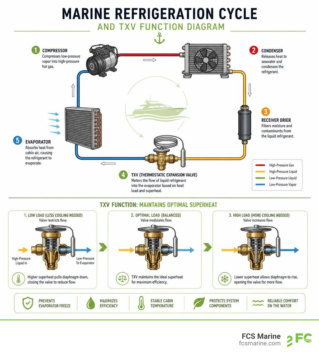 Marine refrigeration cycle and TXV function diagram with labeled components infographic