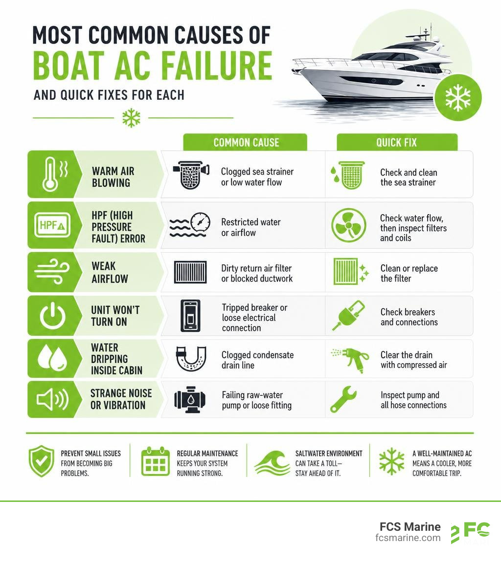 Infographic showing the most common causes of boat AC failure and quick fixes for each infographic Infographic showing the most common causes of boat AC failure and quick fixes for each infographic