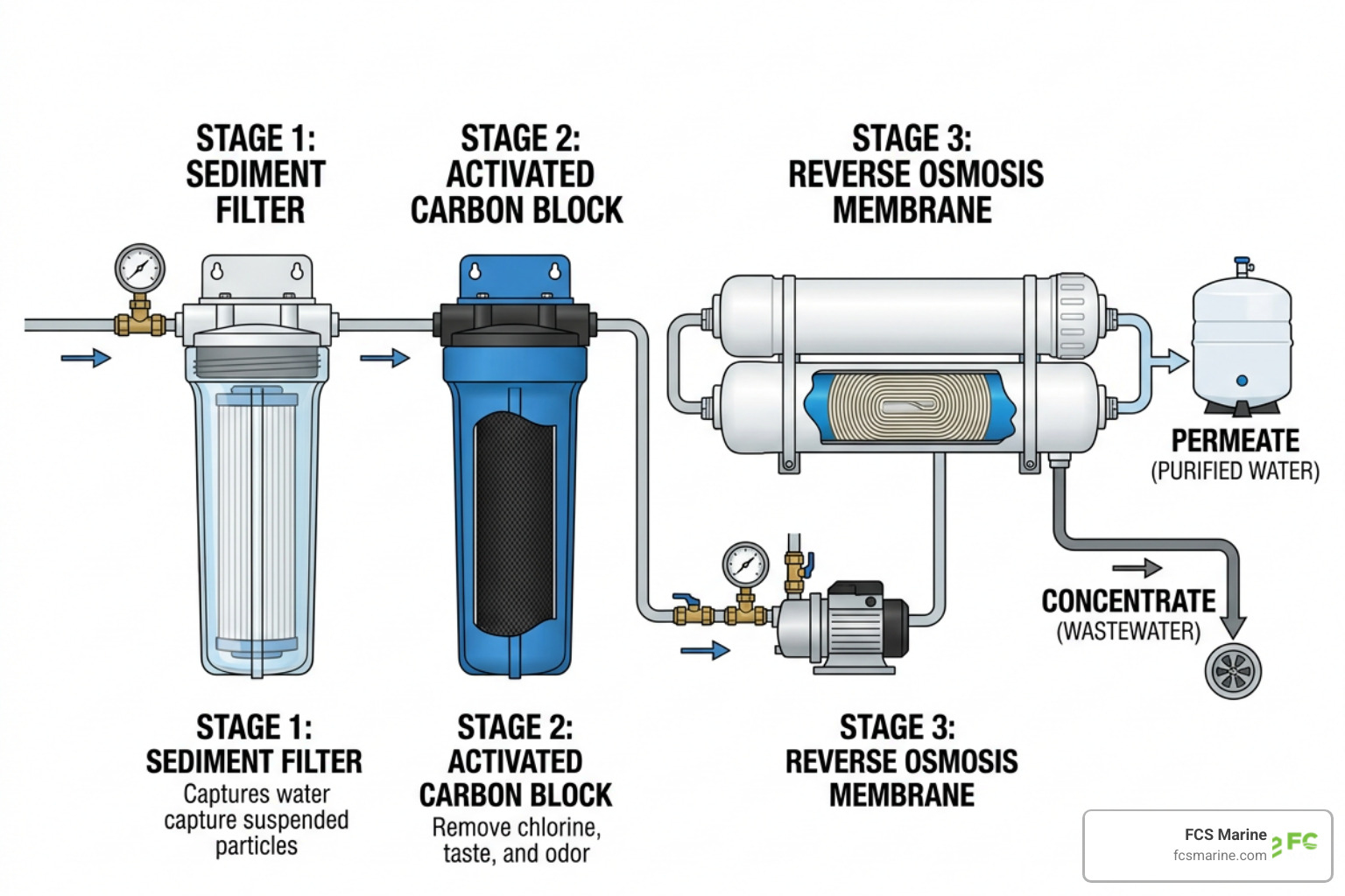 Multi-stage RO filtration process showing the sediment filter, carbon block, and RO membrane