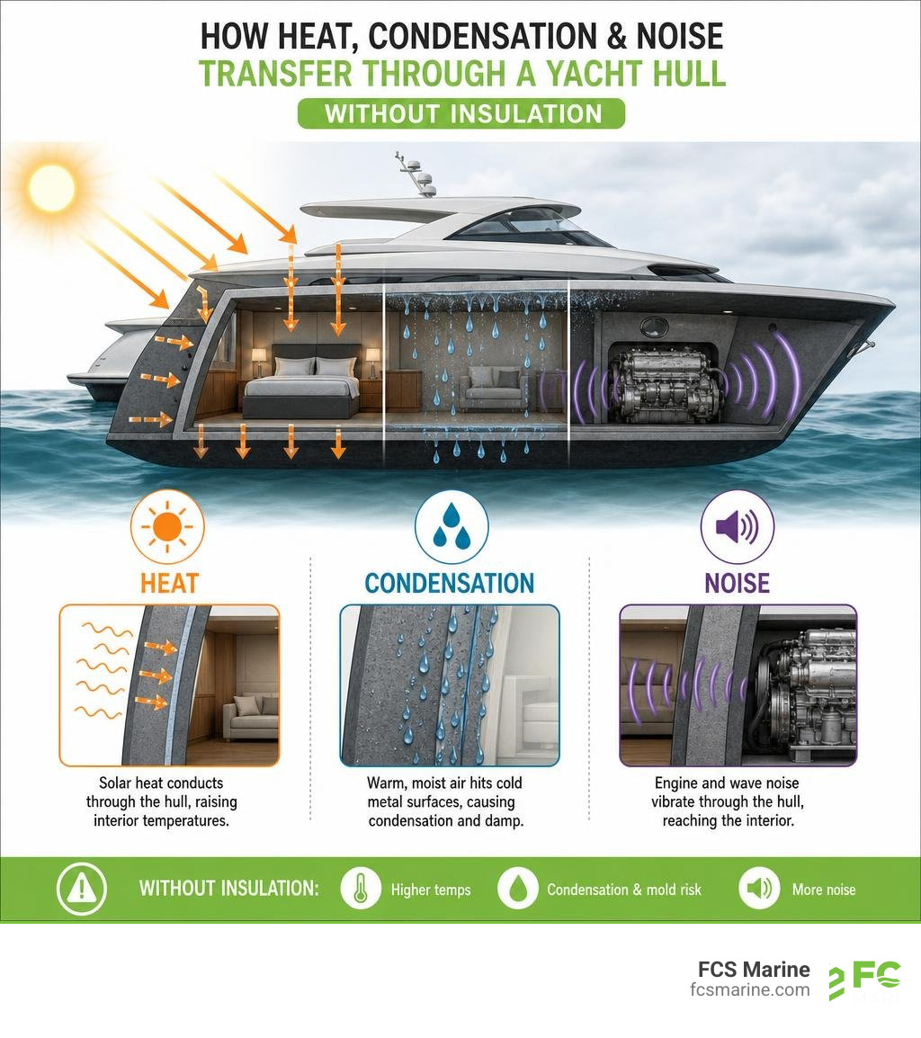 Diagram showing how heat, condensation, and noise transfer through a yacht hull without insulation infographic