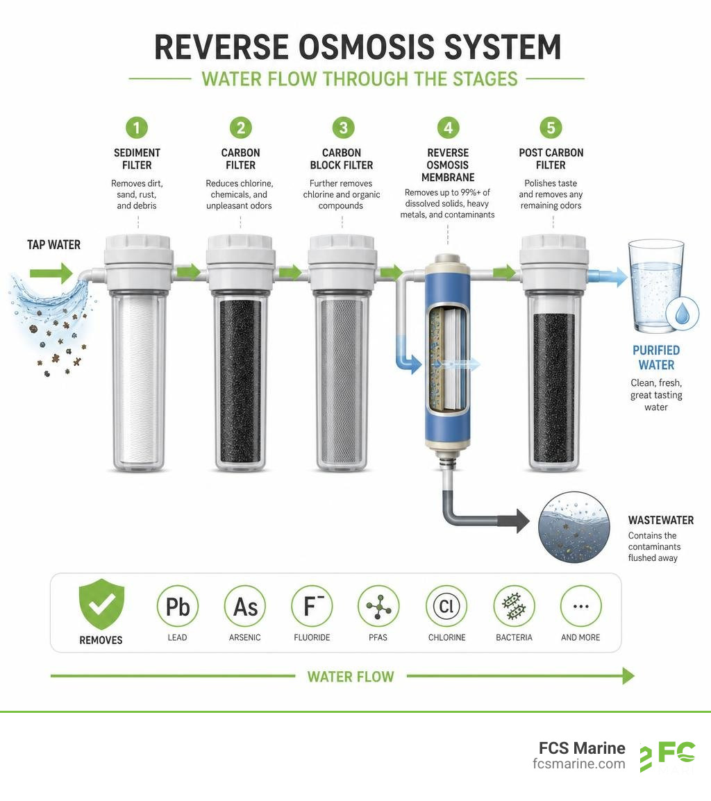 Diagram showing water flow through a reverse osmosis system stages infographic