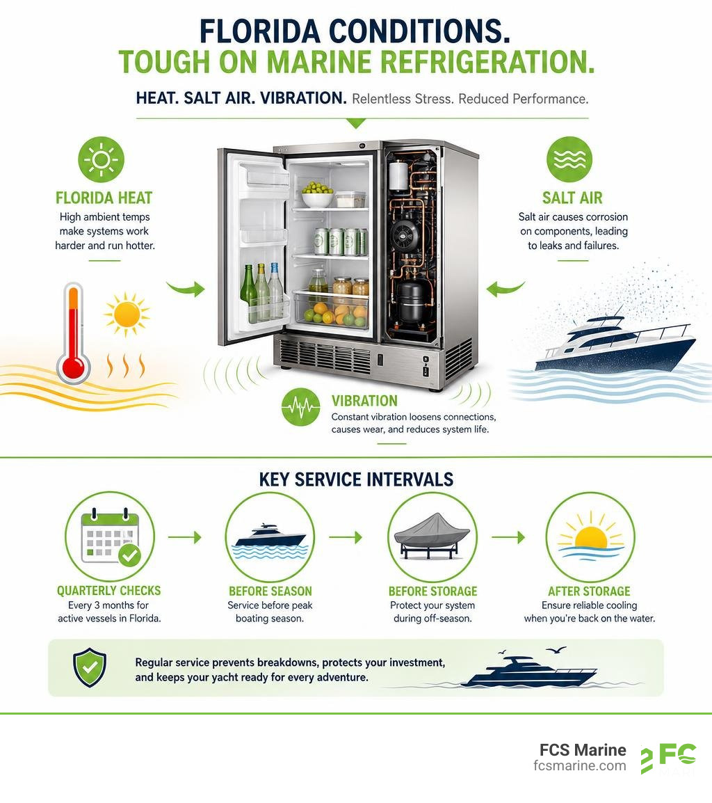 Infographic showing how Florida heat, salt air, and vibration stress marine refrigeration systems and key service intervals