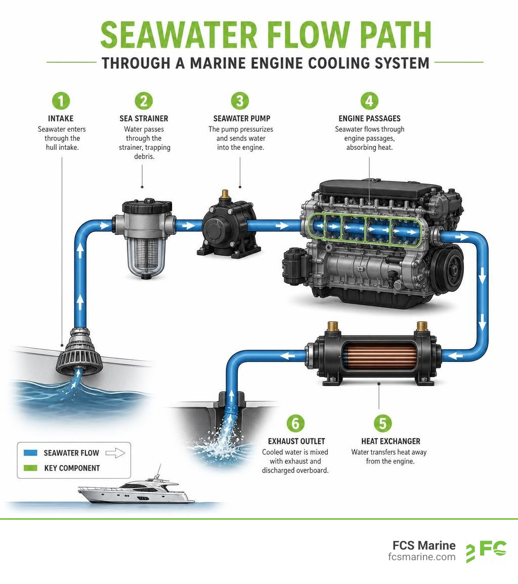 Infographic showing seawater flow path through a marine engine cooling system from intake to exhaust infographic