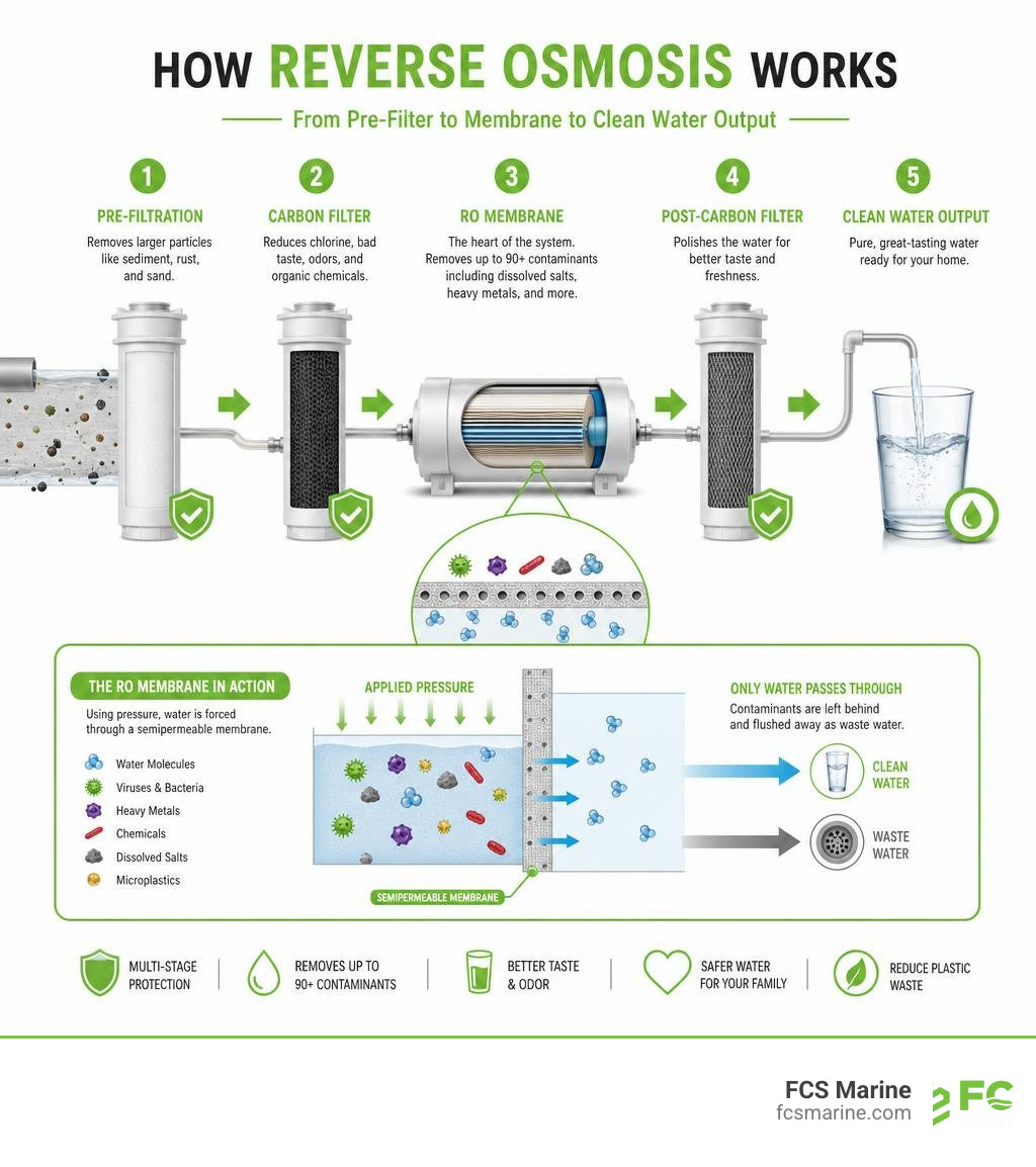How reverse osmosis works step by step - from pre-filter to membrane to clean water output infographic