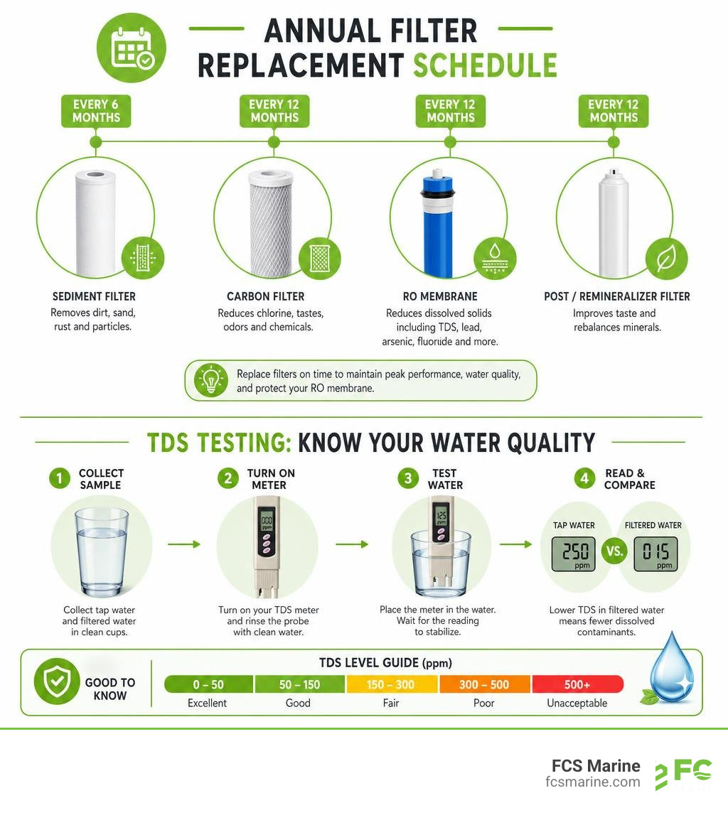 Infographic showing annual filter replacement schedule and TDS testing infographic