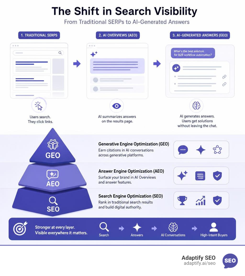 Infographic showing shift from traditional SERPs to AI-generated answers with SEO, AEO, and GEO layers infographic