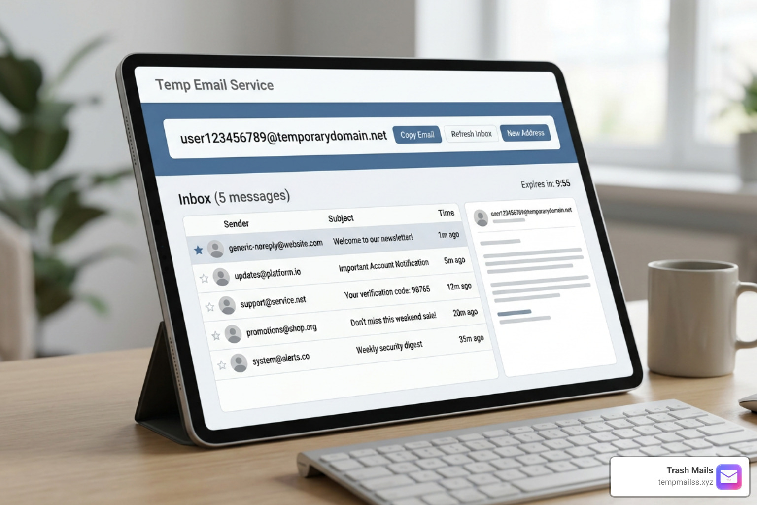 Interface of a modern temporary email generator displaying an active inbox Interface of a modern temporary email generator displaying an active inbox