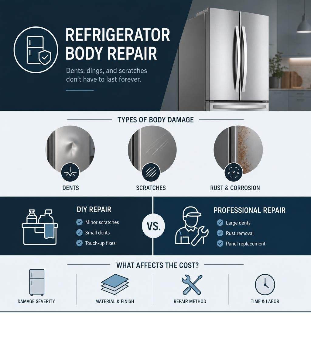 Infographic showing types of refrigerator body damage, DIY vs professional repair options, and cost ranges infographic Infographic showing types of refrigerator body damage, DIY vs professional repair options, and cost ranges infographic