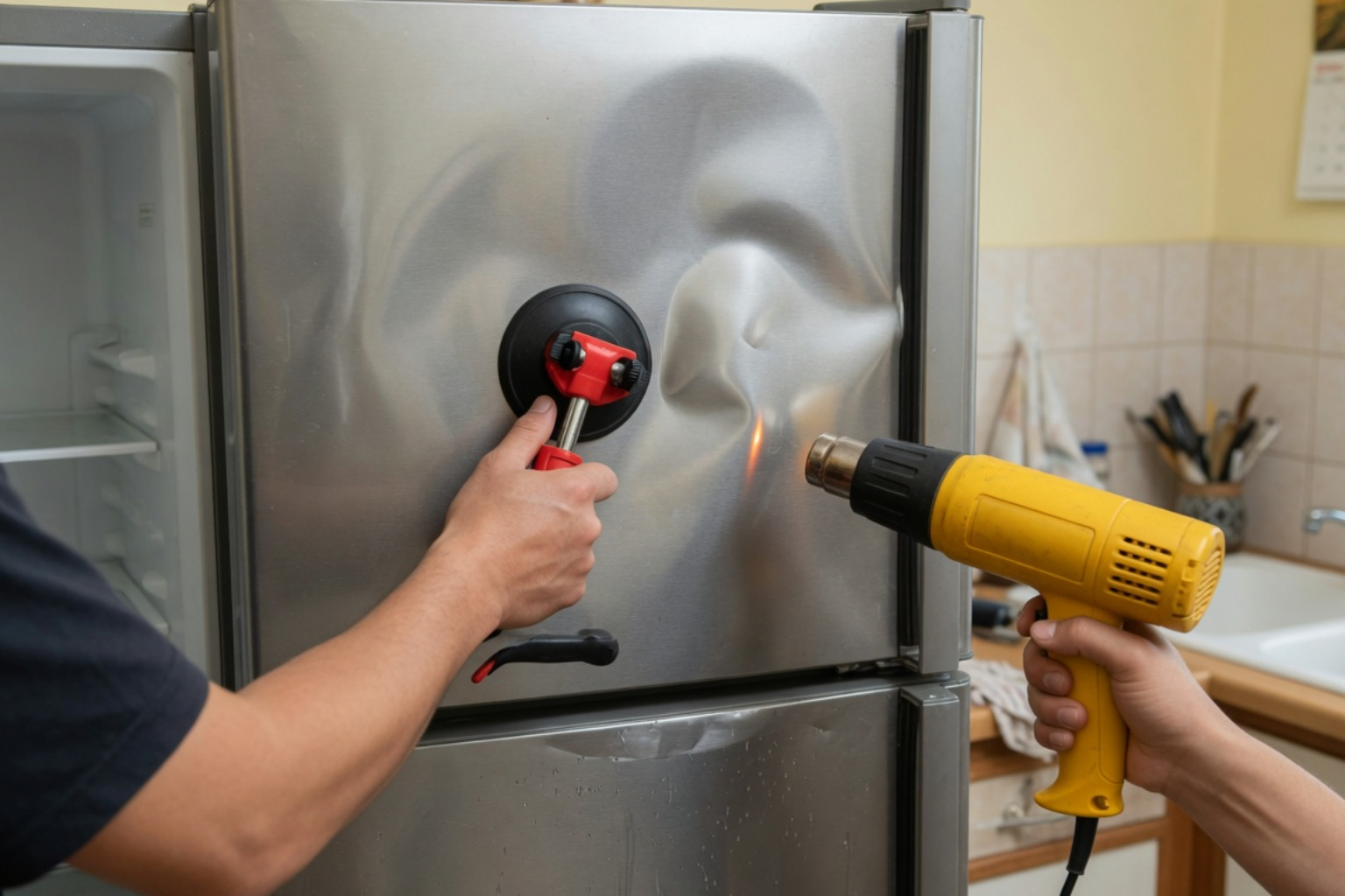 DIY dent removal process on a refrigerator panel using heat and suction DIY dent removal process on a refrigerator panel using heat and suction
