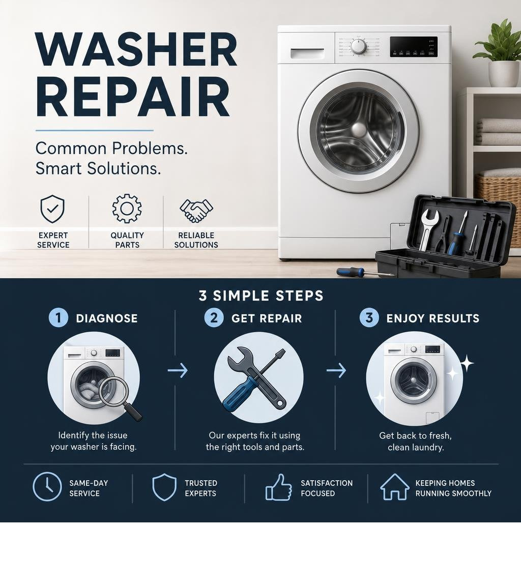 3 steps to find local washer repair service with common problems and cost ranges infographic 3 steps to find local washer repair service with common problems and cost ranges infographic