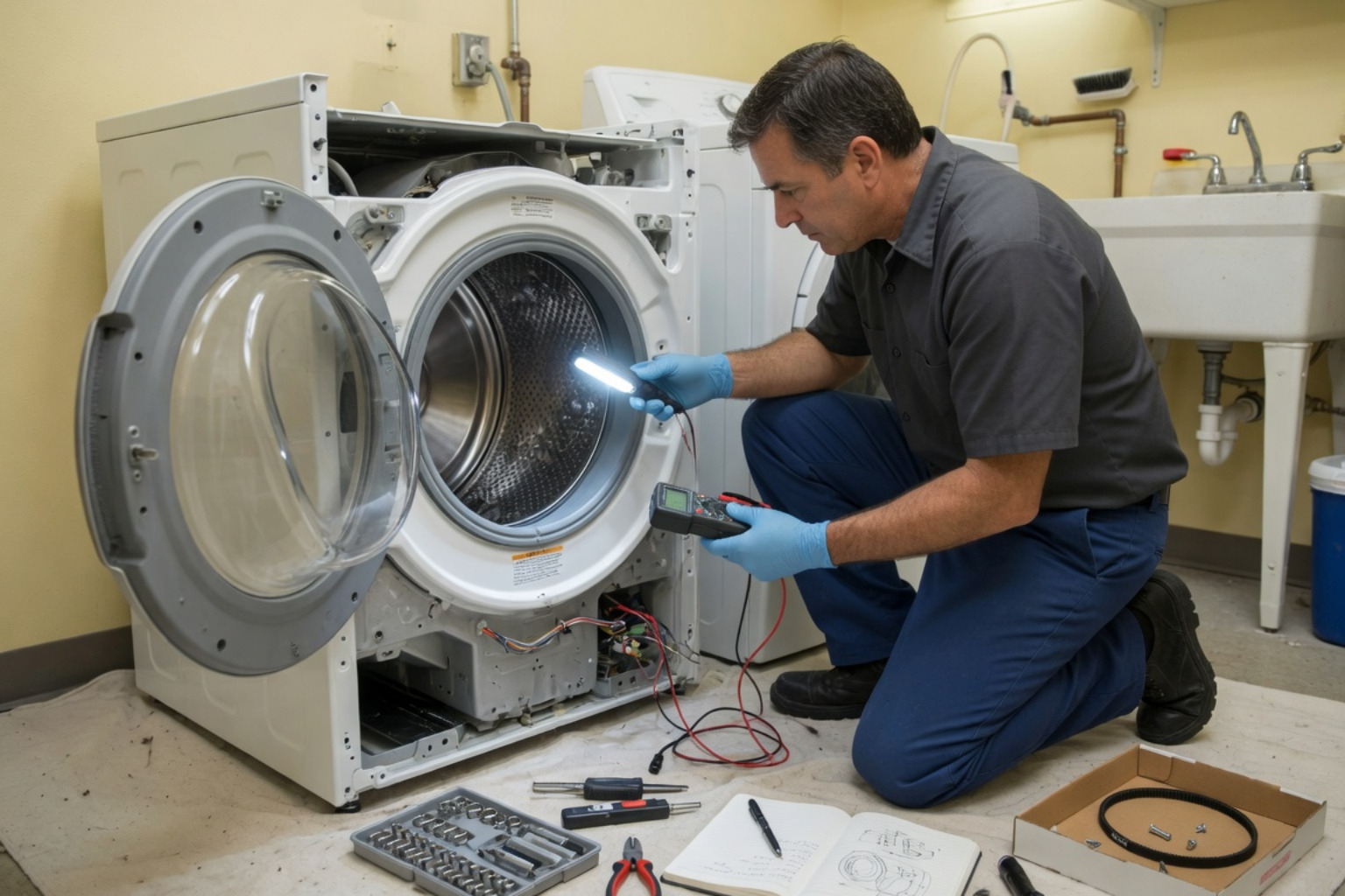 technician diagnosing a washing machine drum technician diagnosing a washing machine drum