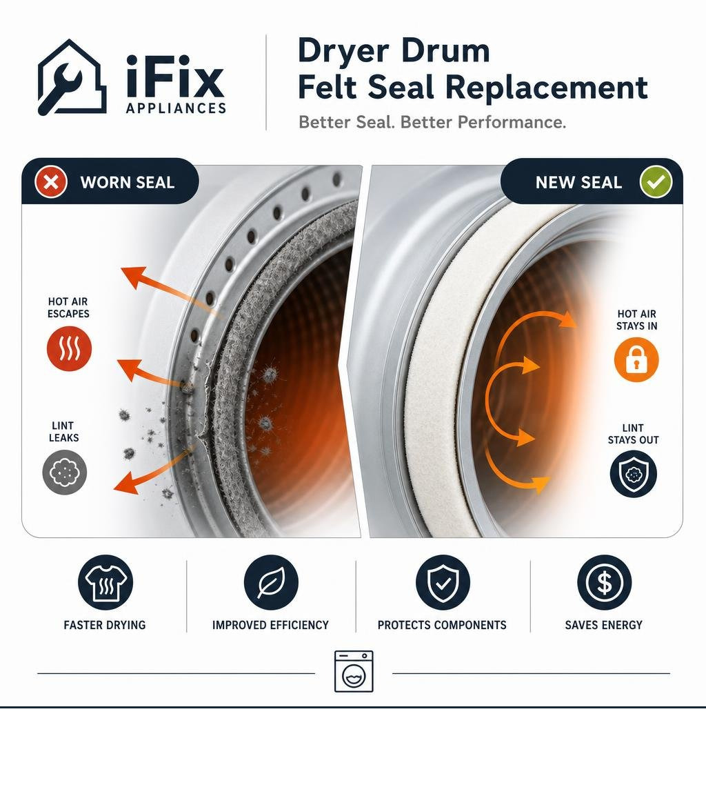 Dryer drum felt seal airflow diagram showing hot air containment and lint barrier function infographic
