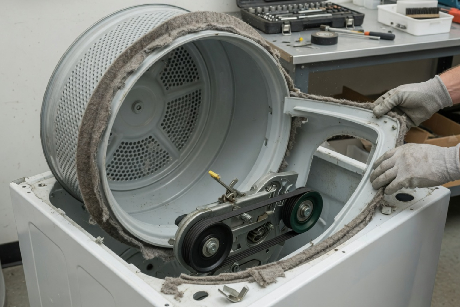 dryer drum disassembly step showing belt release and drum removal