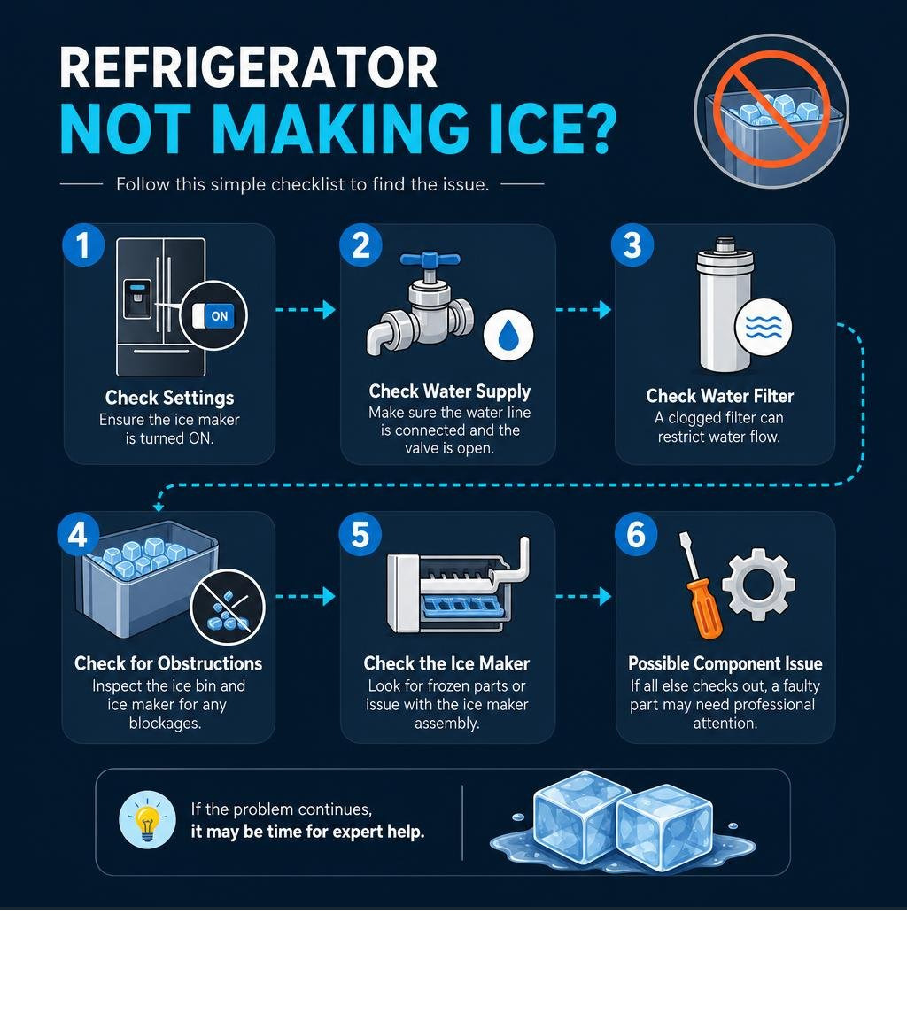 6-step ice maker diagnostic flow from simple checks to component failures infographic 6-step ice maker diagnostic flow from simple checks to component failures infographic