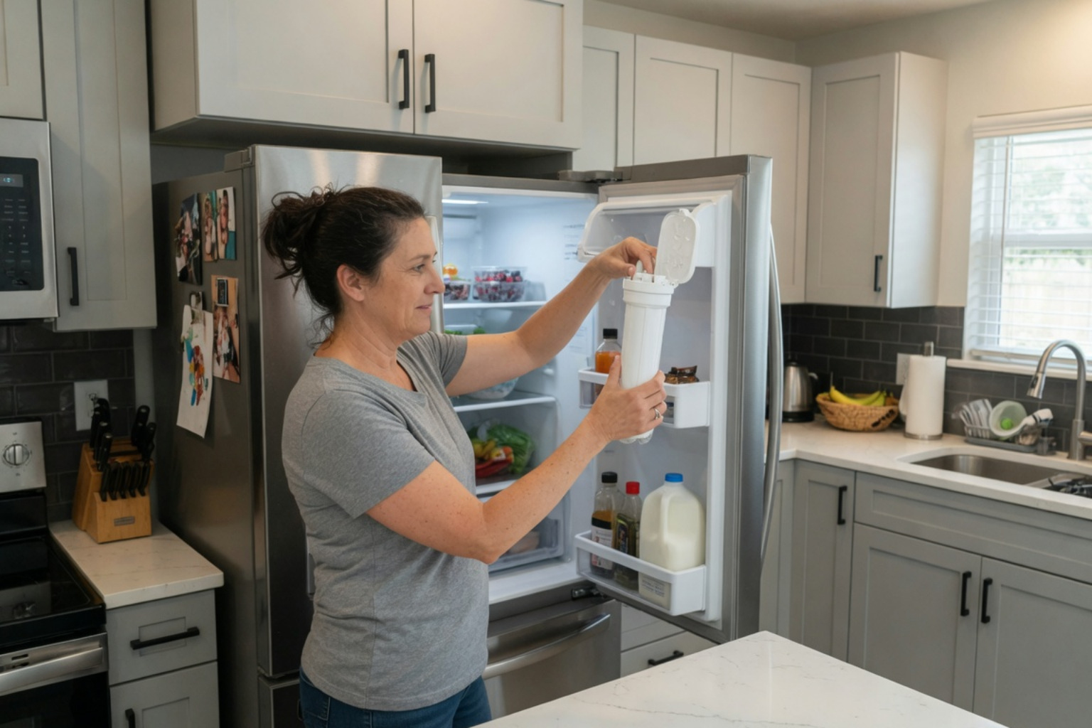 homeowner replacing a refrigerator water filter homeowner replacing a refrigerator water filter