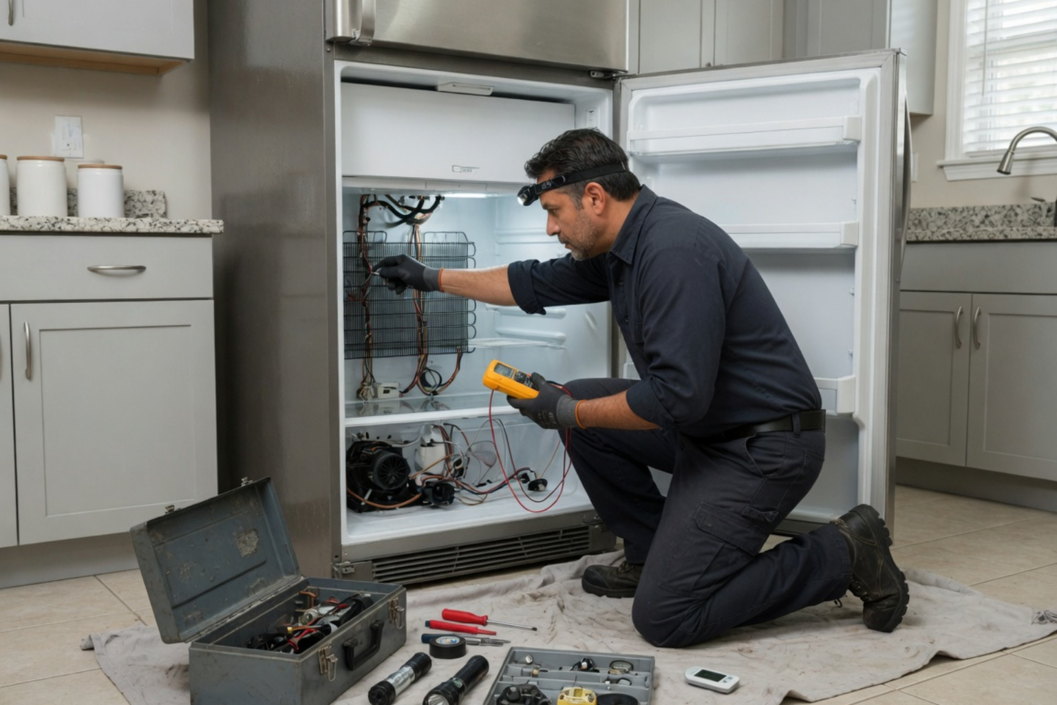 a professional appliance repair technician working on a modern refrigerator a professional appliance repair technician working on a modern refrigerator