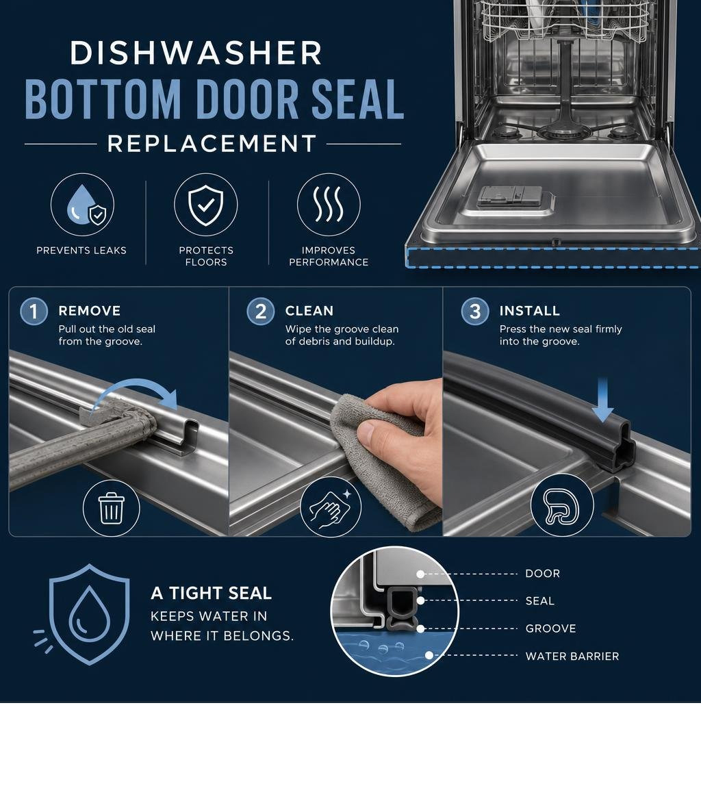 Dishwasher bottom door seal components diagram showing seal location, groove, and water barrier function infographic Dishwasher bottom door seal components diagram showing seal location, groove, and water barrier function infographic
