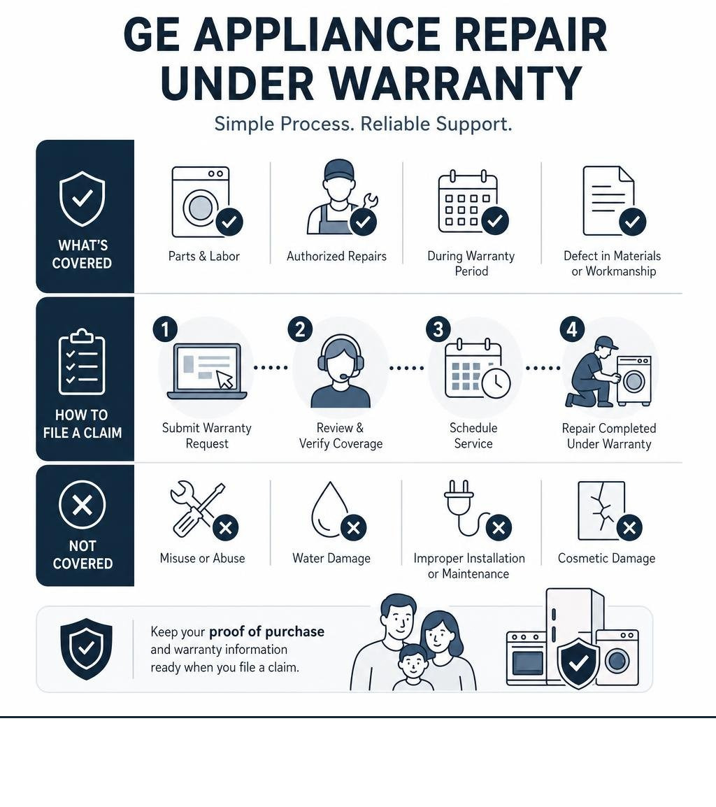 GE warranty claim process infographic showing coverage types, steps to file, and key exclusions infographic