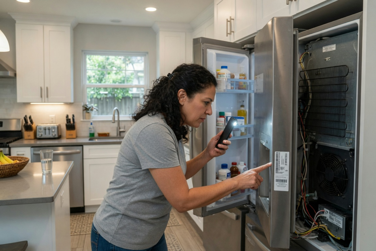 Homeowner checking an appliance serial number
