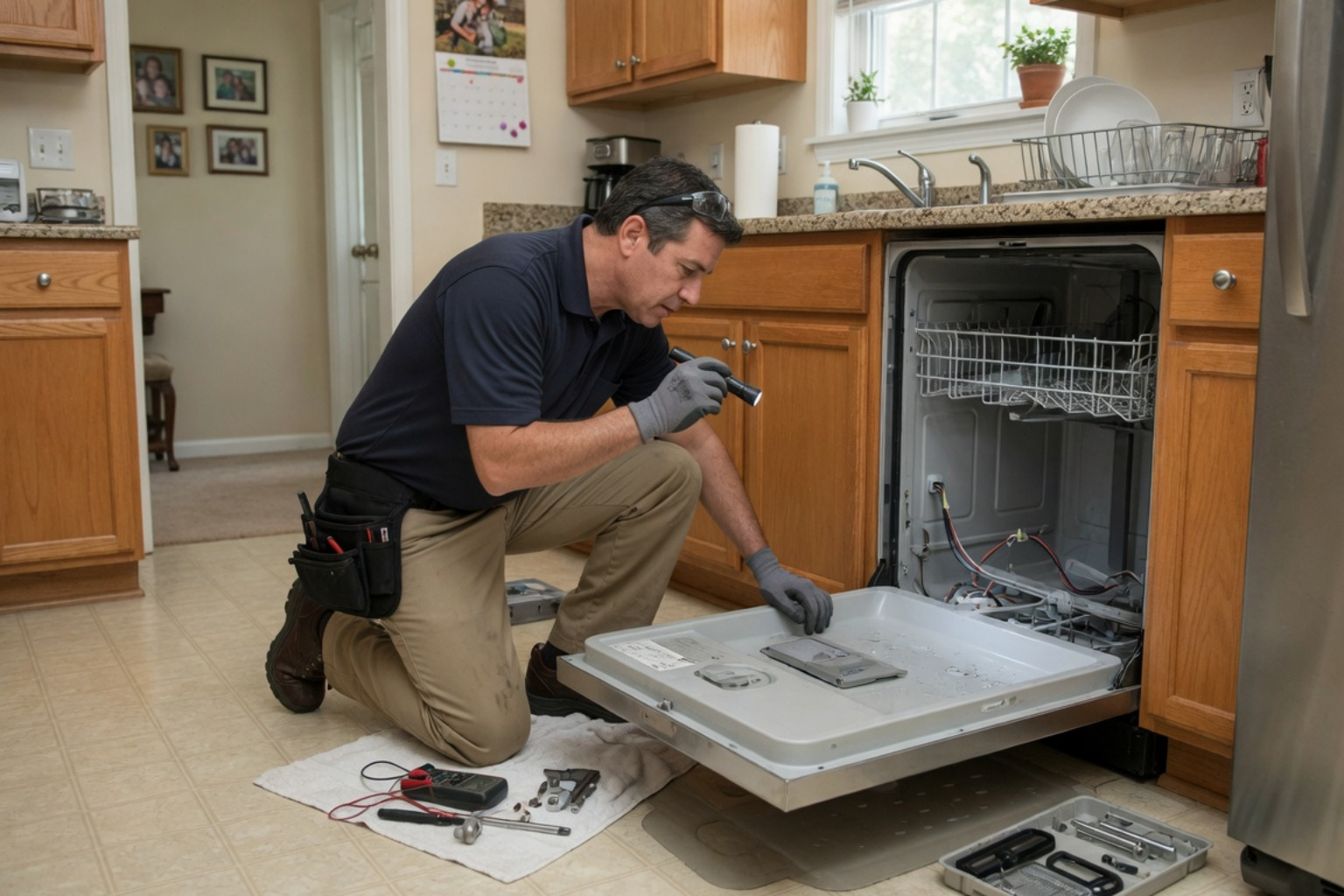 Appliance technician inspecting a dishwasher