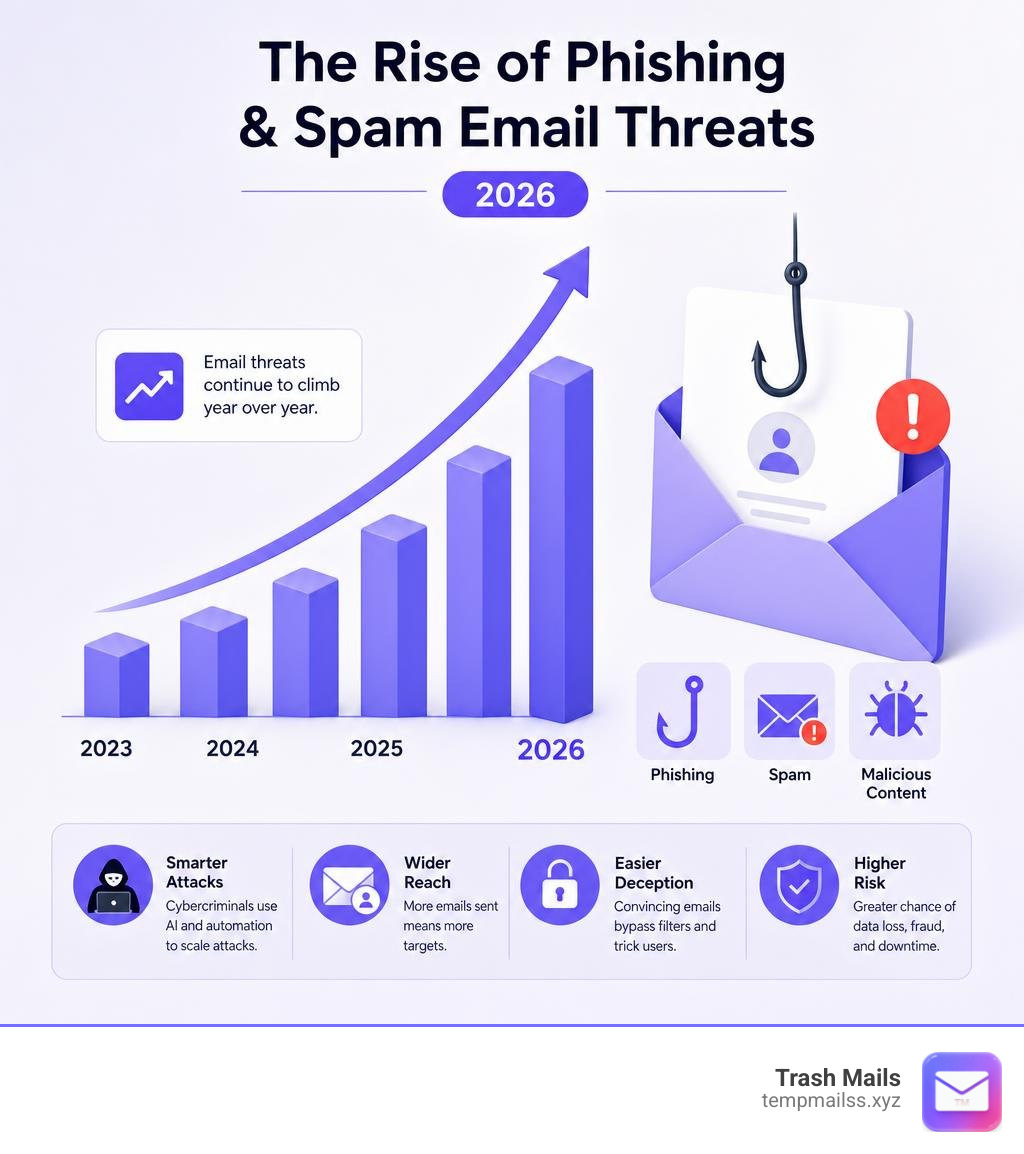 Infographic showing rise of phishing and spam email threats in 2026 infographic Why Exchange Online Protection (EOP) Is Your First Line of Defense Against Email Threats