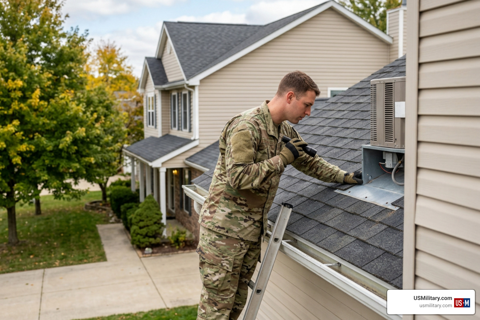 American soldier examining the roof and heating system of a house American soldier examining the roof and heating system of a house