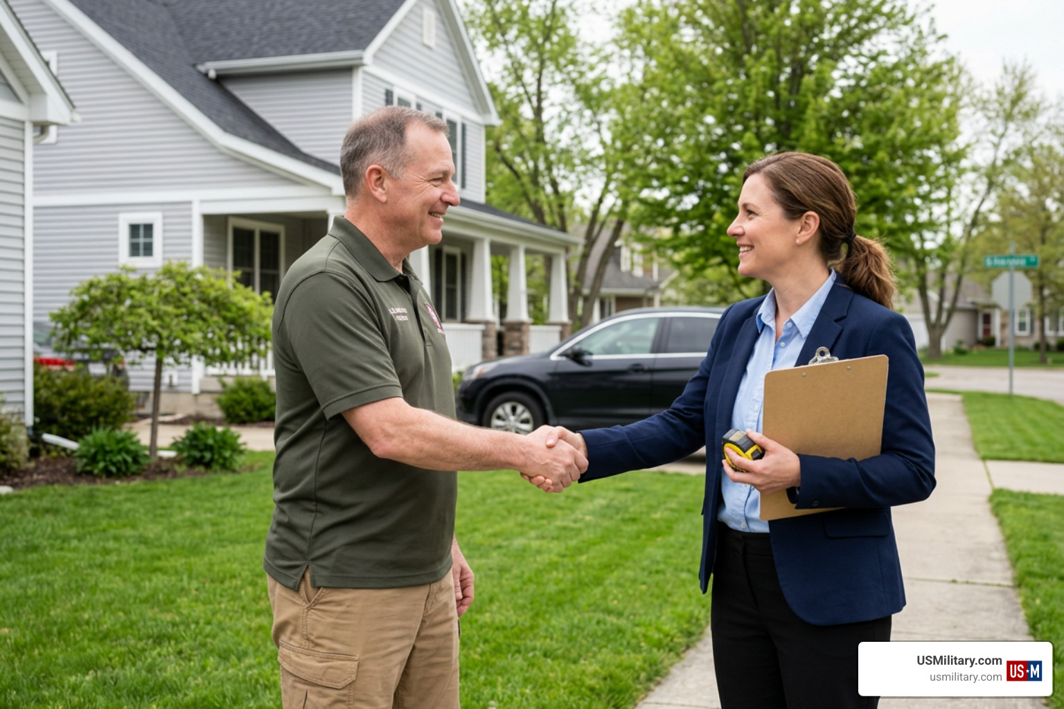 US military veteran shaking hands with an appraiser inspecting a home exterior US military veteran shaking hands with an appraiser inspecting a home exterior