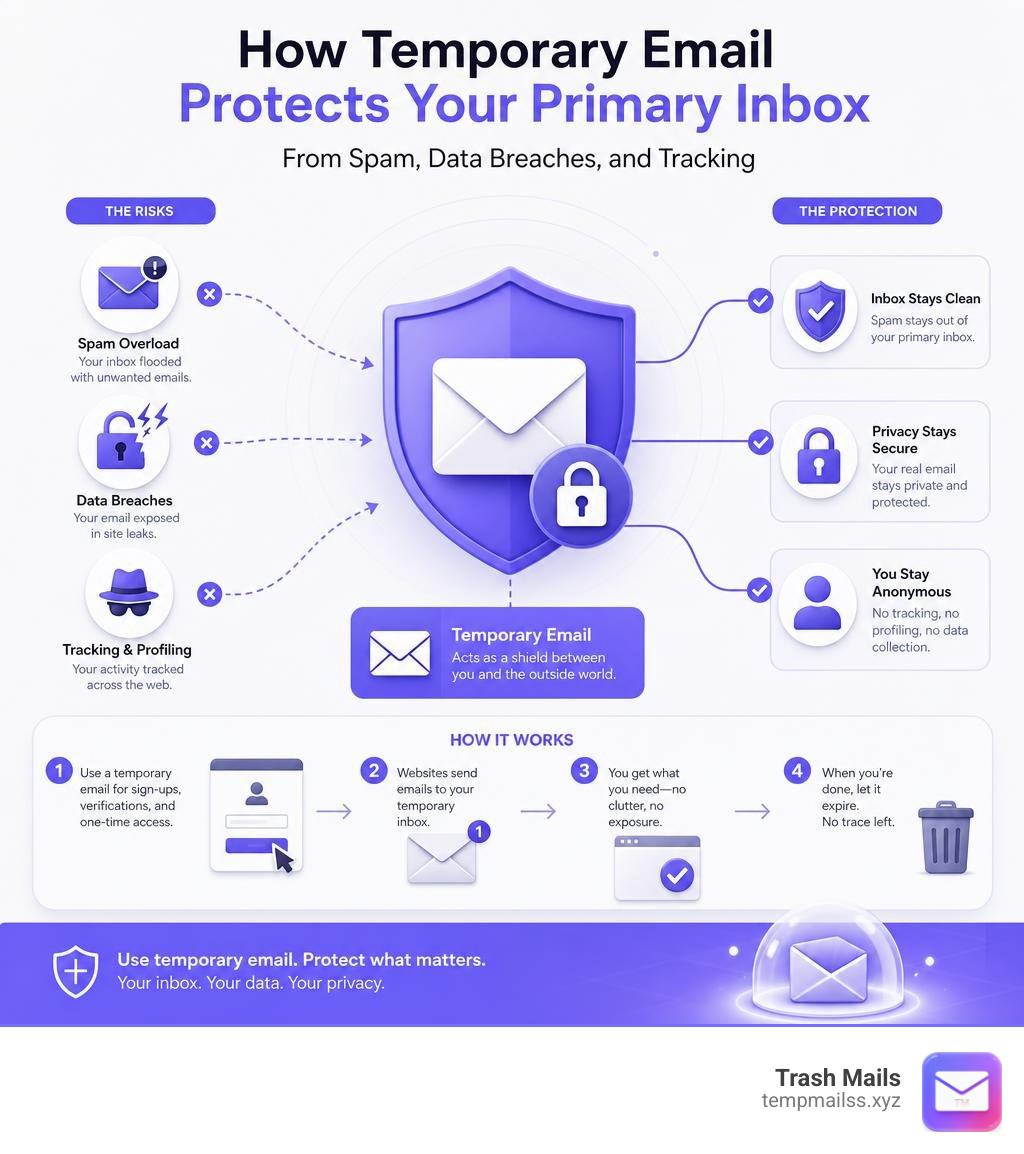 How temporary email protects your primary inbox from spam, data breaches, and tracking infographic What Are Temp Google Accounts (And How Do They Work)?