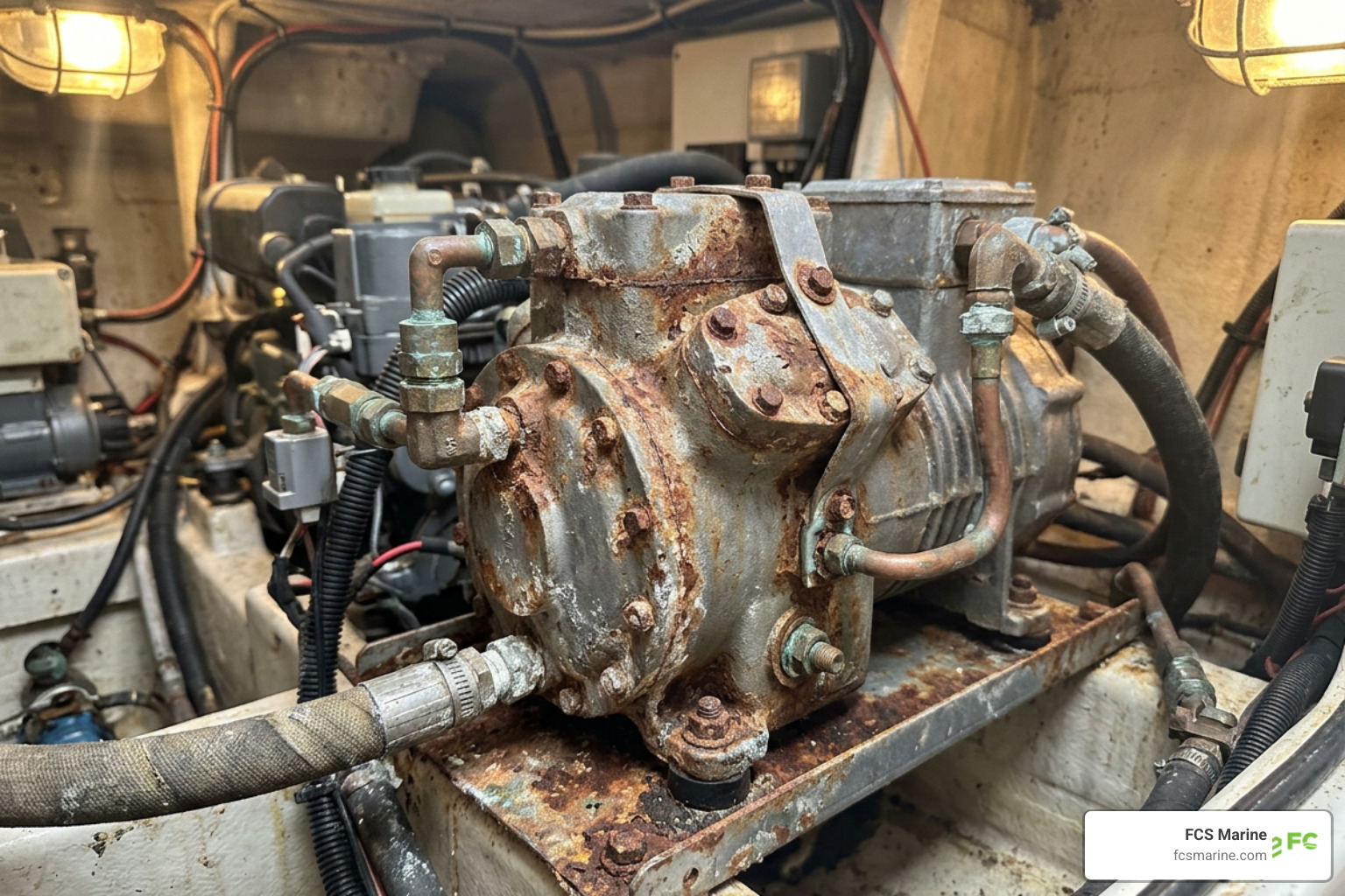 marine compressor unit on a boat facing saltwater corrosion