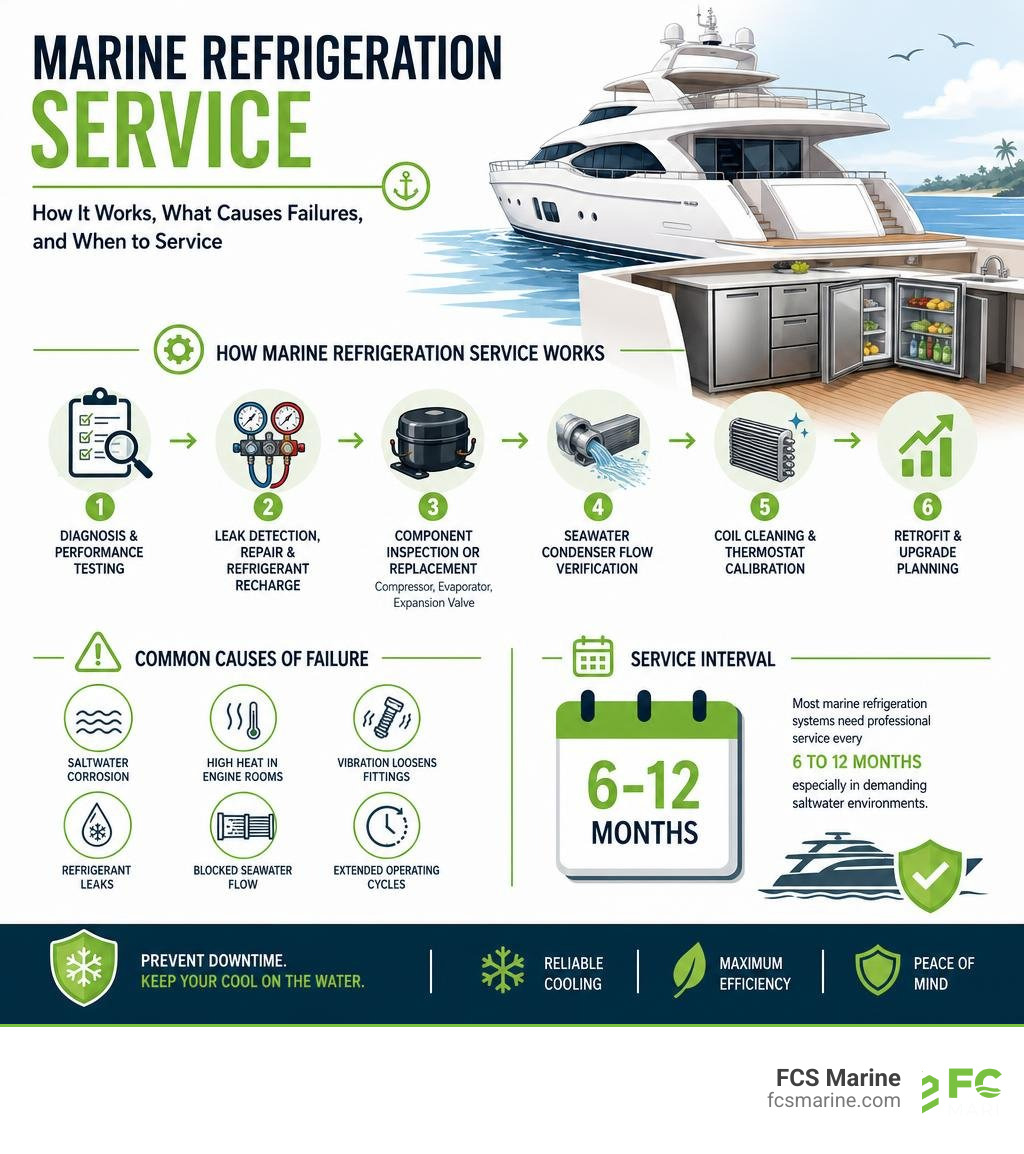 Infographic showing how marine refrigeration service works: key steps, failure causes, and service intervals infographic