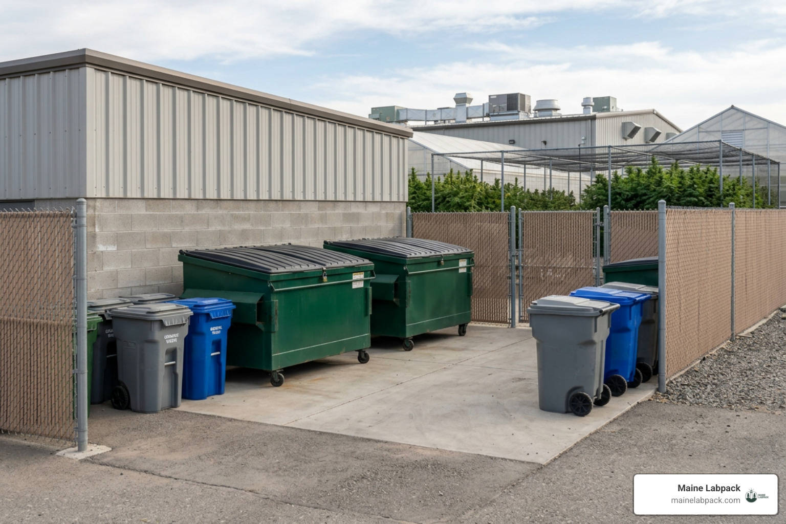 Secure waste containers and collection bins at a cannabis cultivation facility Secure waste containers and collection bins at a cannabis cultivation facility