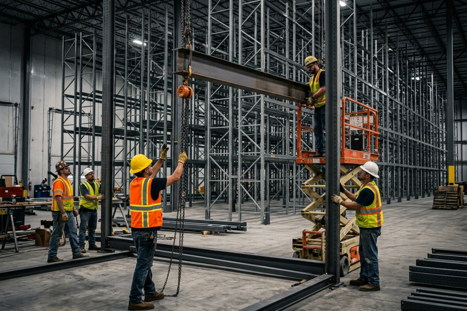 rigging crew installing structural steel frames for warehouse racking