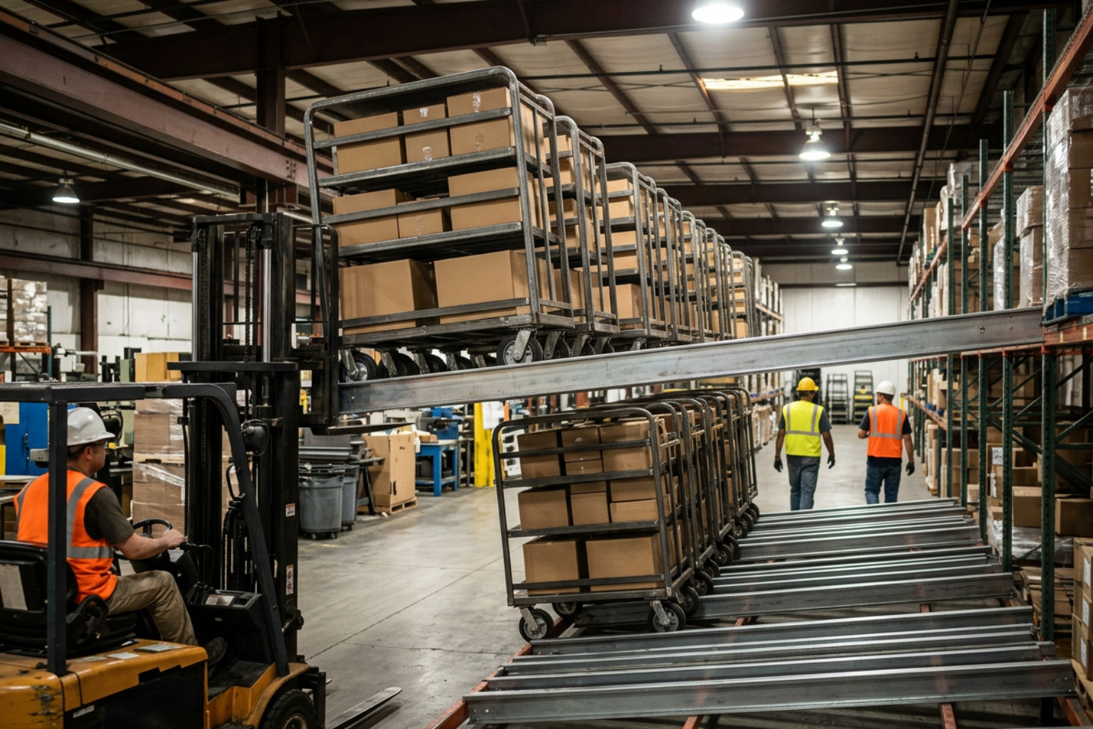 nested carts on inclined rails inside a high-density push-back racking system