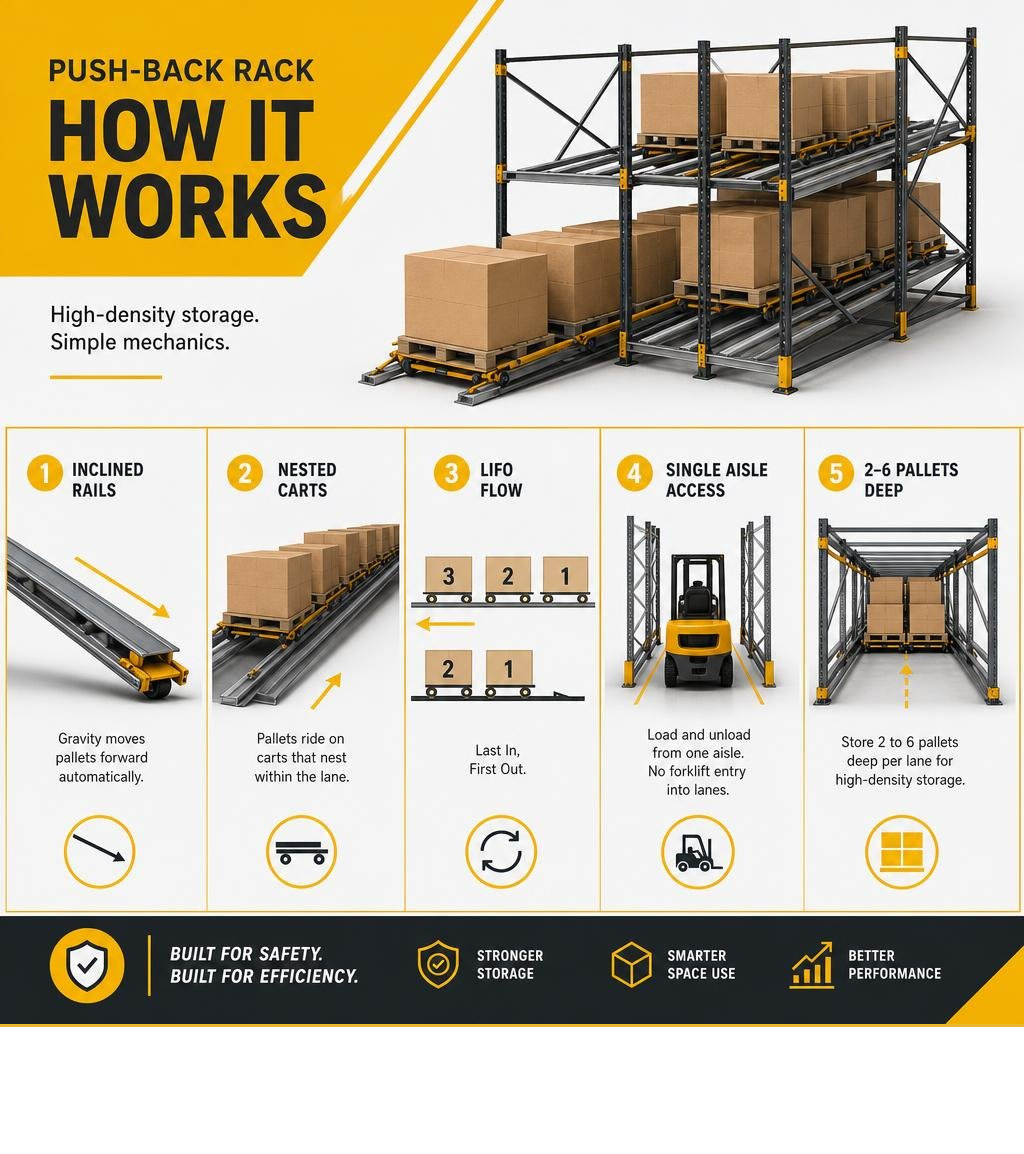 Infographic showing push-back rack mechanics: inclined rails, nested carts, LIFO flow, single aisle access, 2-6 pallets deep