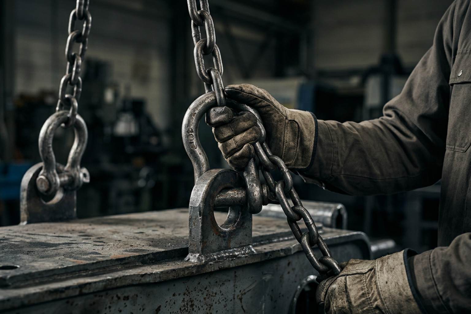 rigging hardware close up with chains and shackles