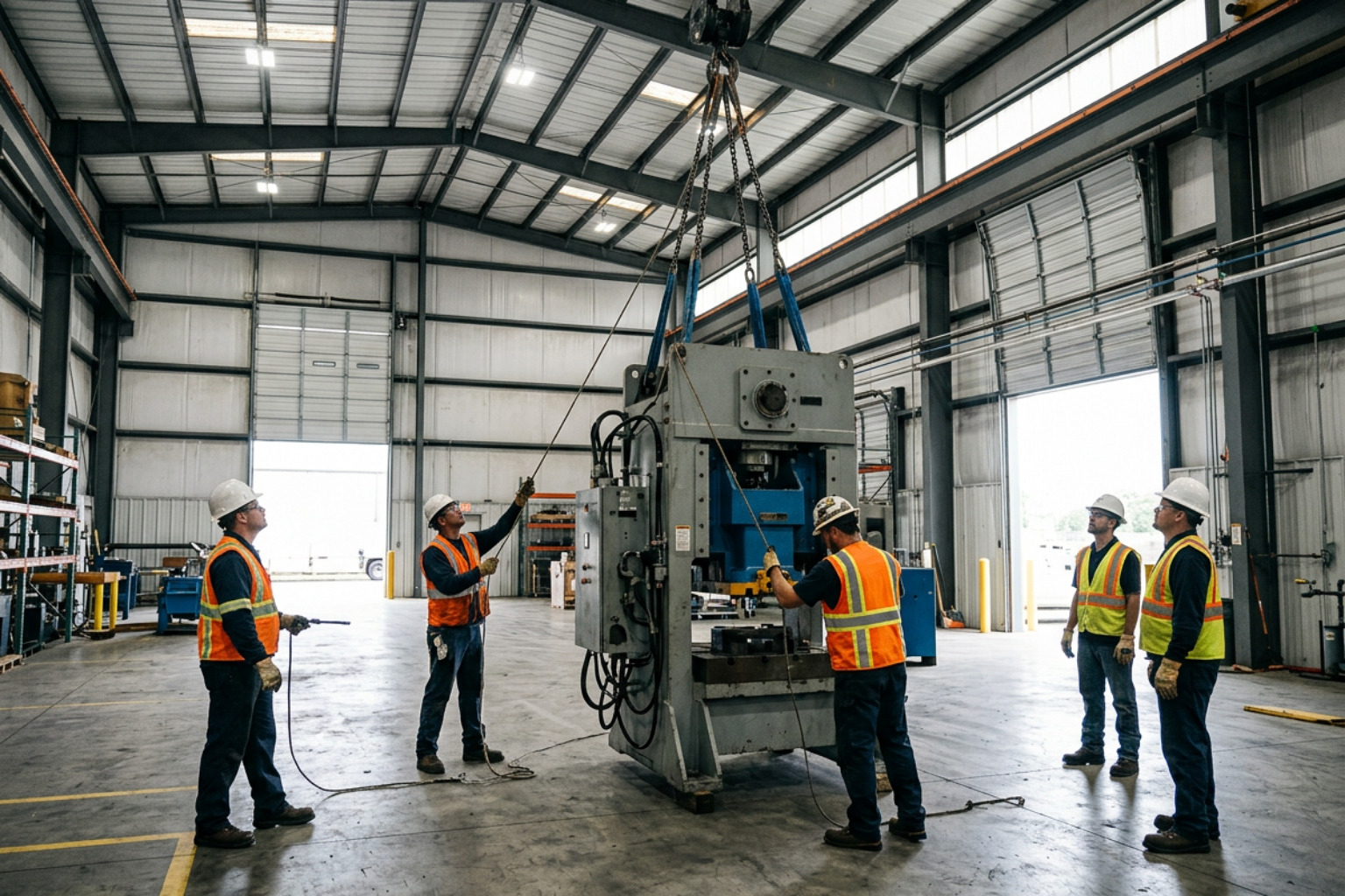 Rigging crew guiding heavy equipment into a spacious indoor warehouse, steel gray tones, realistic industrial setting