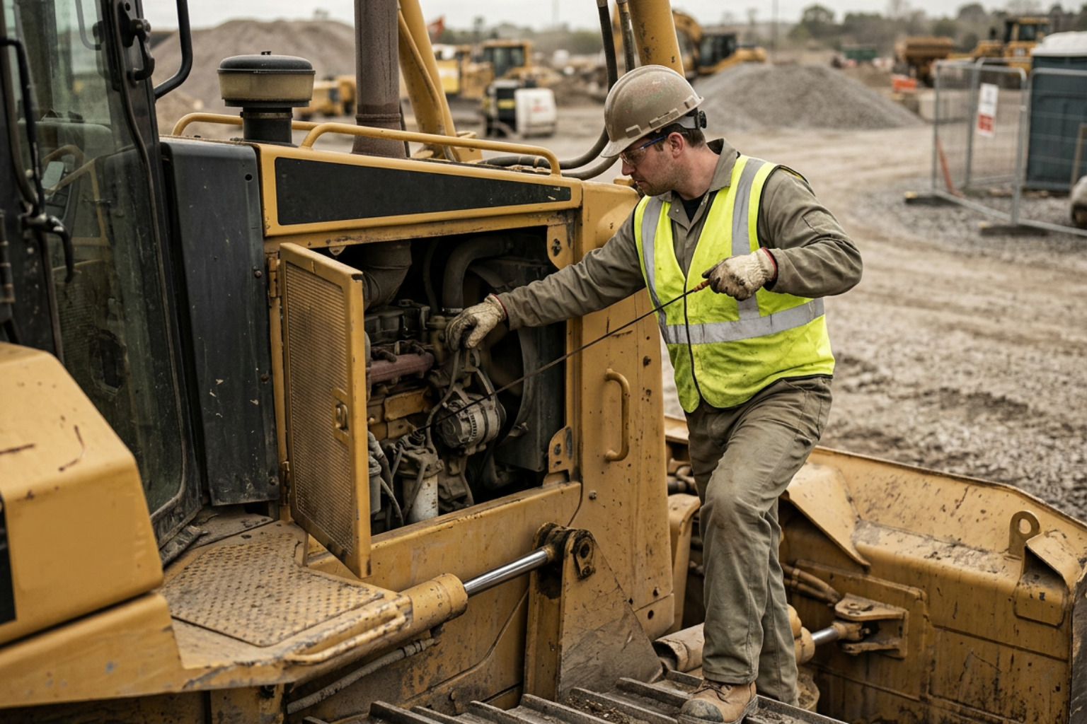 Industrial technician performing maintenance on a large bulldozer, checking fluids, wearing safety gear