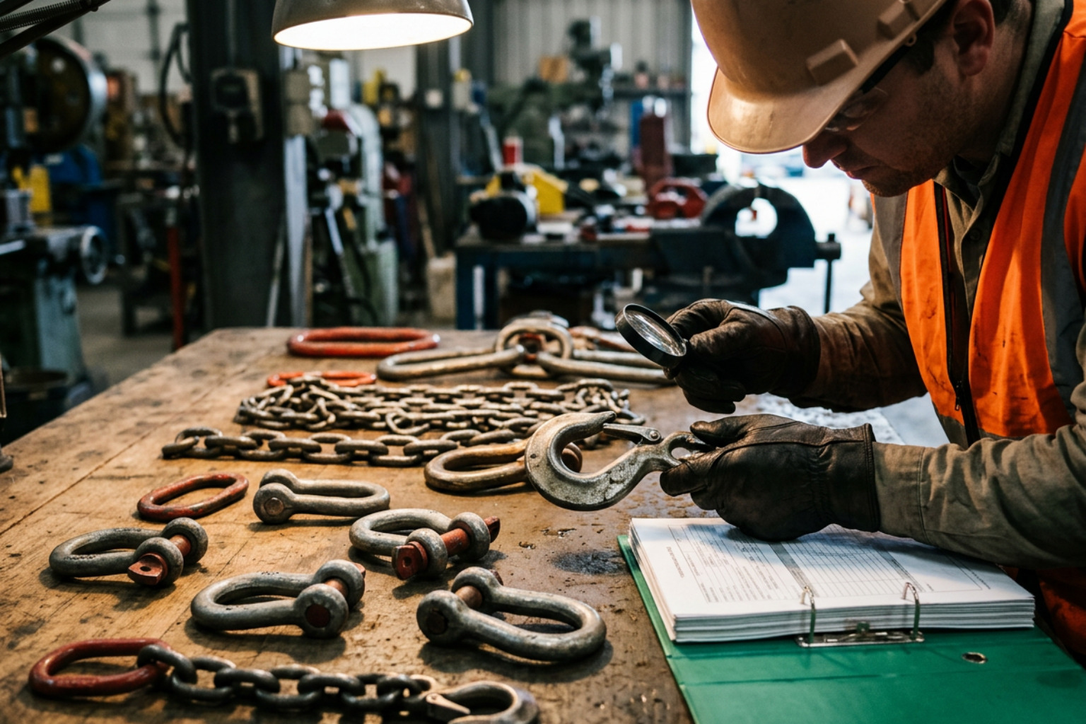 Rigging hardware inspection of chains shackles and hooks