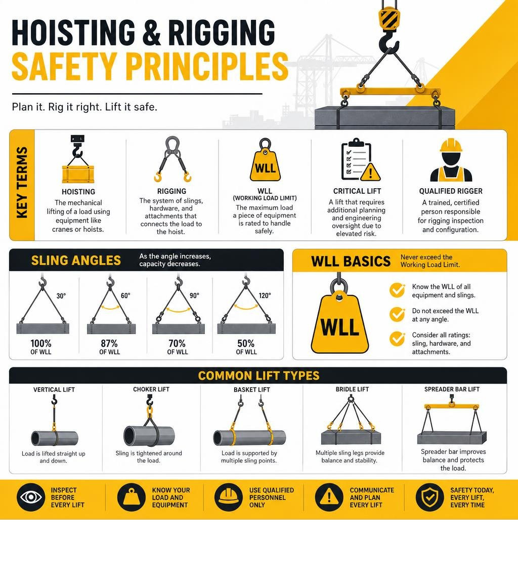 Hoisting and rigging safety principles infographic showing key terms, sling angles, WLL, and lift types infographic