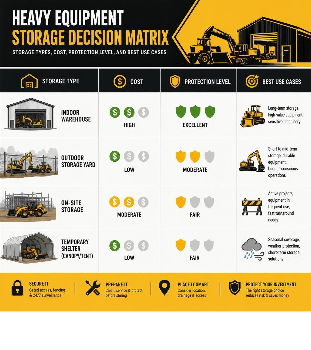 Heavy equipment storage decision matrix: storage types, cost, protection level, and best use cases infographic