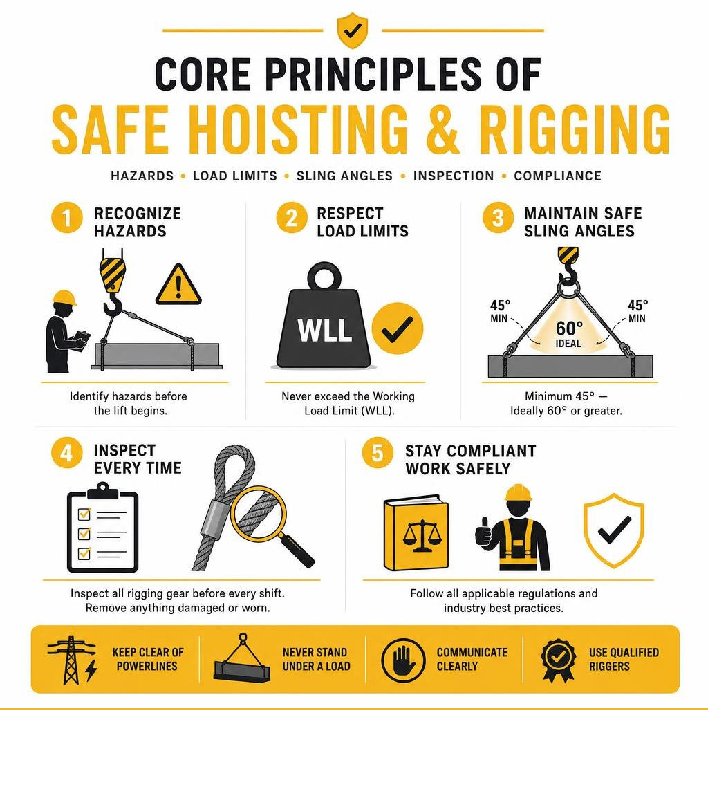 Core principles of safe hoisting and rigging — hazards, load limits, sling angles, inspection, and compliance infographic