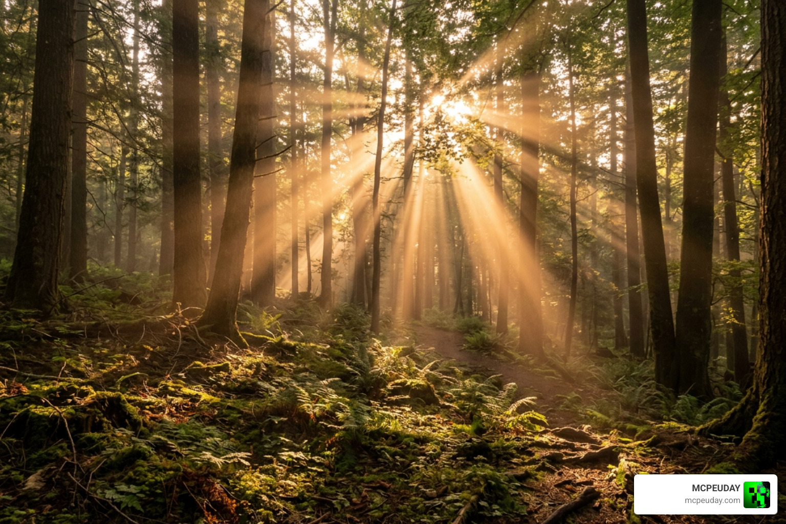 Volumetric godrays threading through a forest canopy