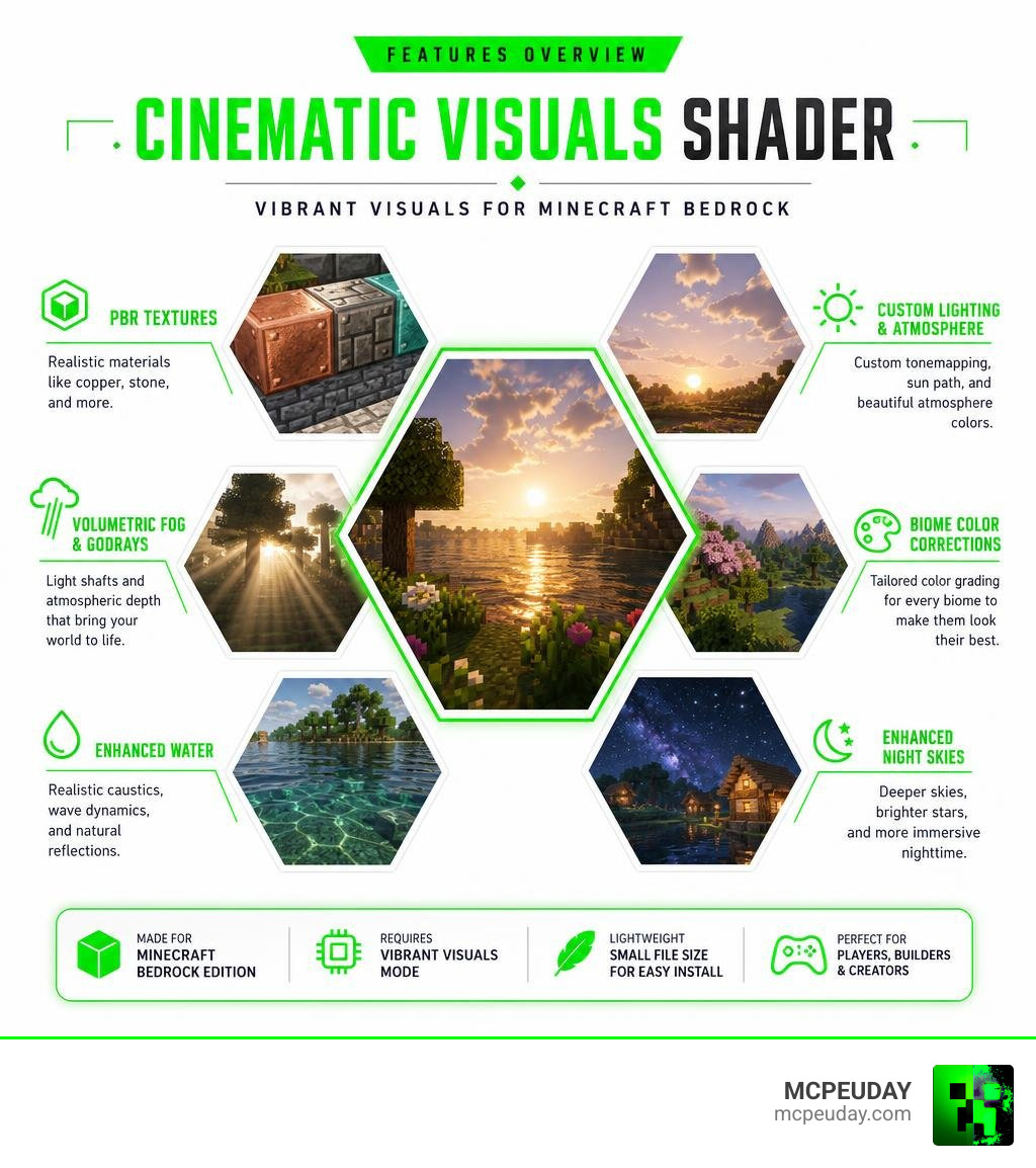 Cinematic Visuals Shader features overview infographic for Minecraft Bedrock Vibrant Visuals infographic