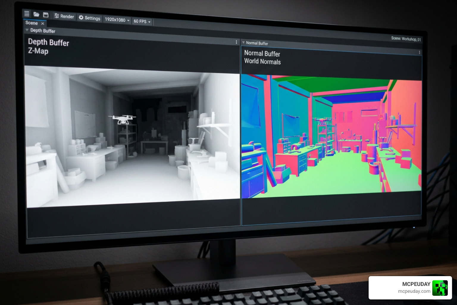 Depth and normal buffers visualization for edge detection rendering Depth and normal buffers visualization for edge detection rendering